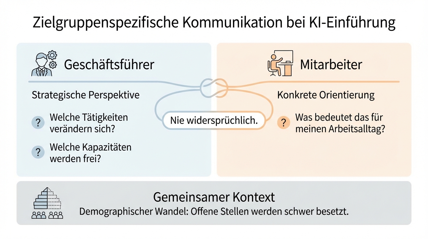 Kommunikation nach Zielgruppen: Geschäftsführer brauchen die strategische Perspektive, Mitarbeiter brauchen konkrete Orientierung für ihren Arbeitsalltag. Unterschiedliche Botschaften, aber nie widersprüchlich.