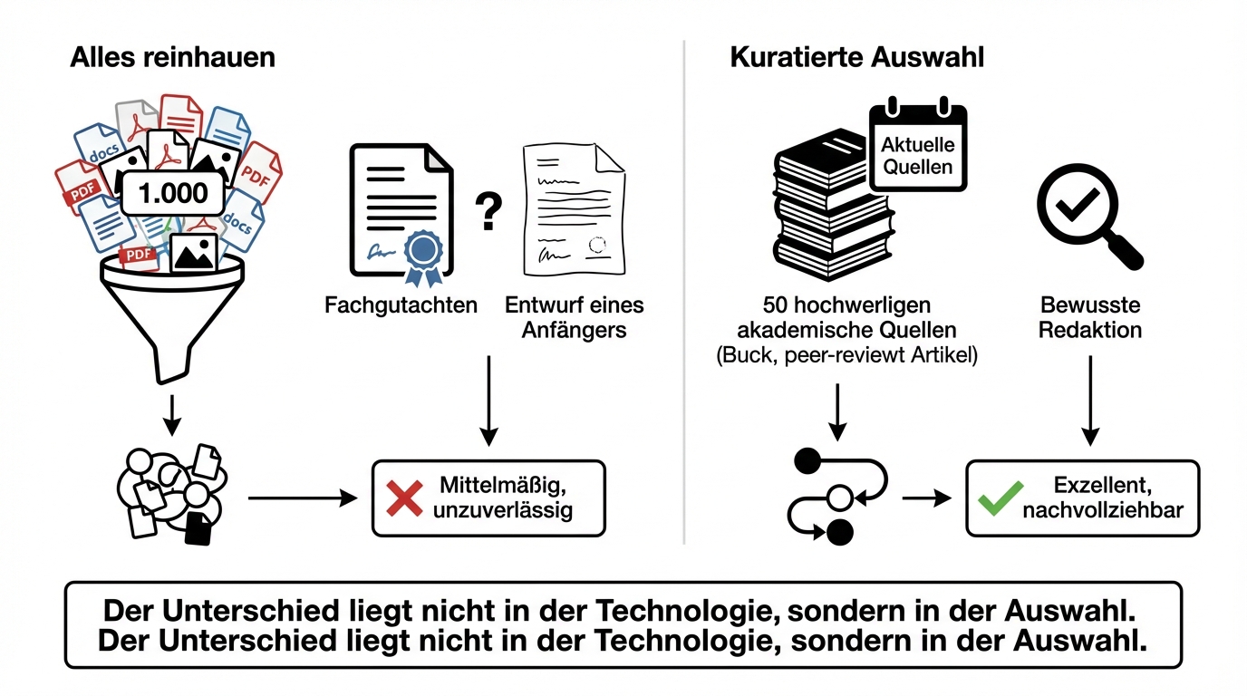 Kuratierung schlägt Masse: Zehn sorgfältig ausgewählte Fachgutachten liefern bessere Antworten als tausend unsortierte Dokumente. Die bewusste Auswahl bestimmt die Antwortqualität.