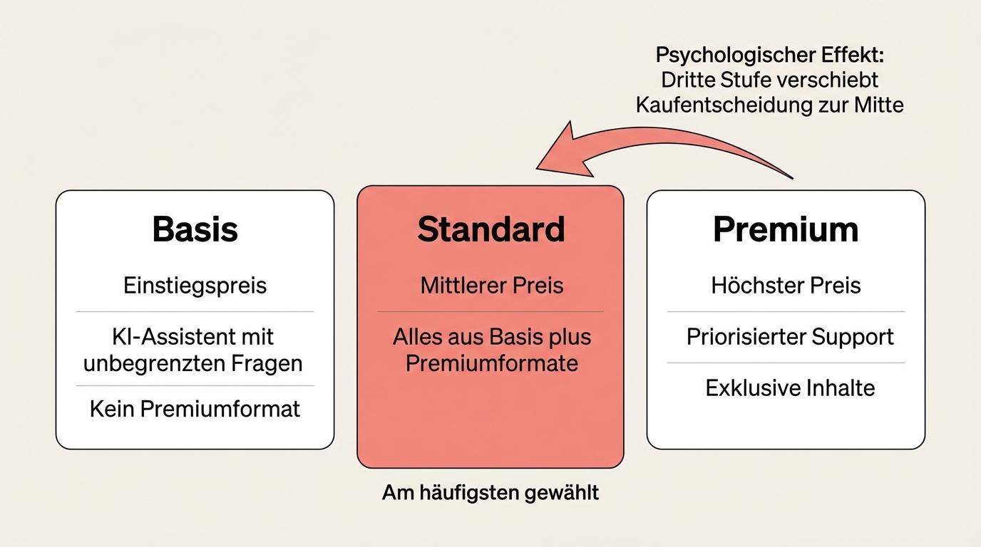 Three-tier pricing: Basic (entry price, unlimited questions), Standard (premium formats, training, guides), Premium (priority support, exclusive content). The middle tier is chosen most often.