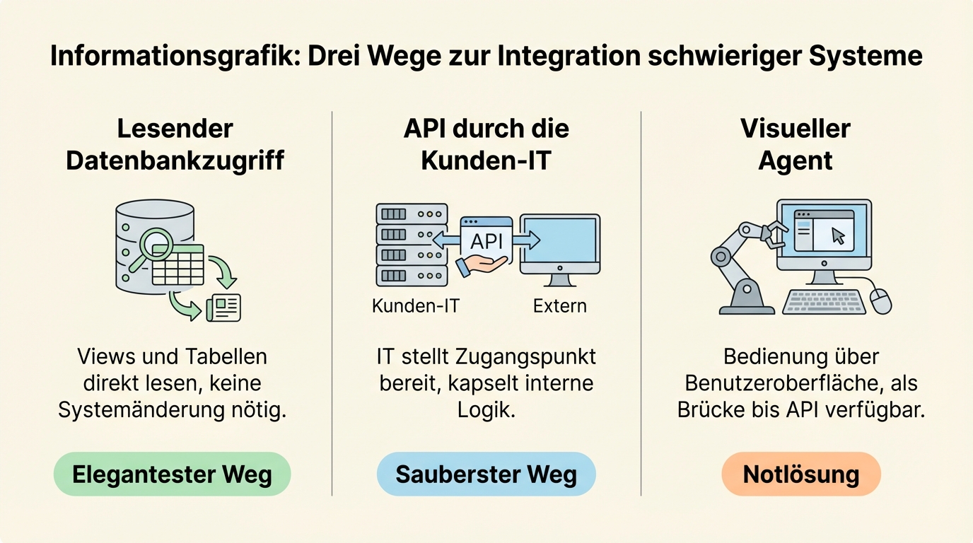 Three paths to integration: read-only database access (no system modification), API provided by client IT (cleanest solution), visual agent as last resort (operation via the UI)