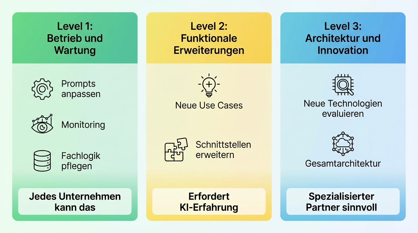Three capability levels: operations and maintenance (achievable for every company), functional extensions (own hire or project-based external), architecture and innovation (specialised partnership)