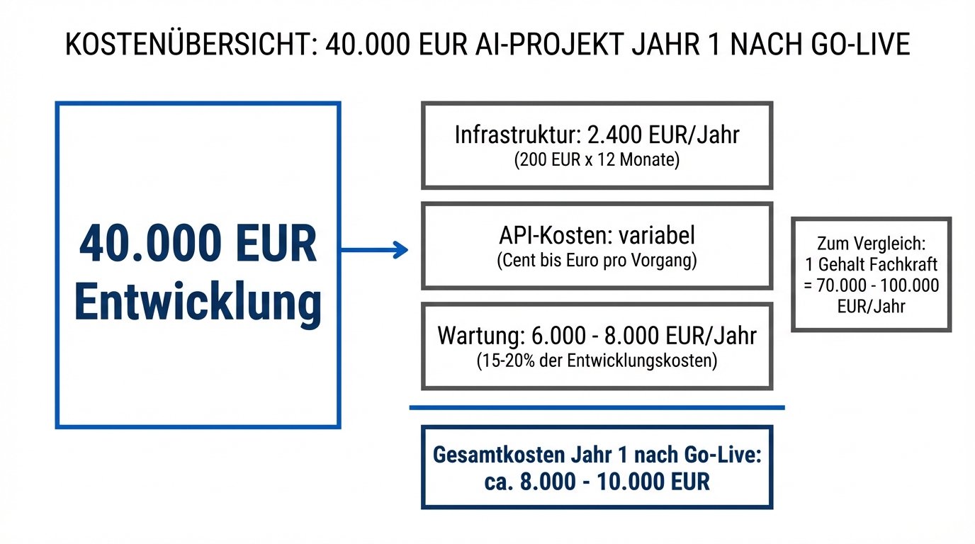 Cost overview: 40,000 EUR development plus roughly 8,000-10,000 EUR ongoing costs in the first year