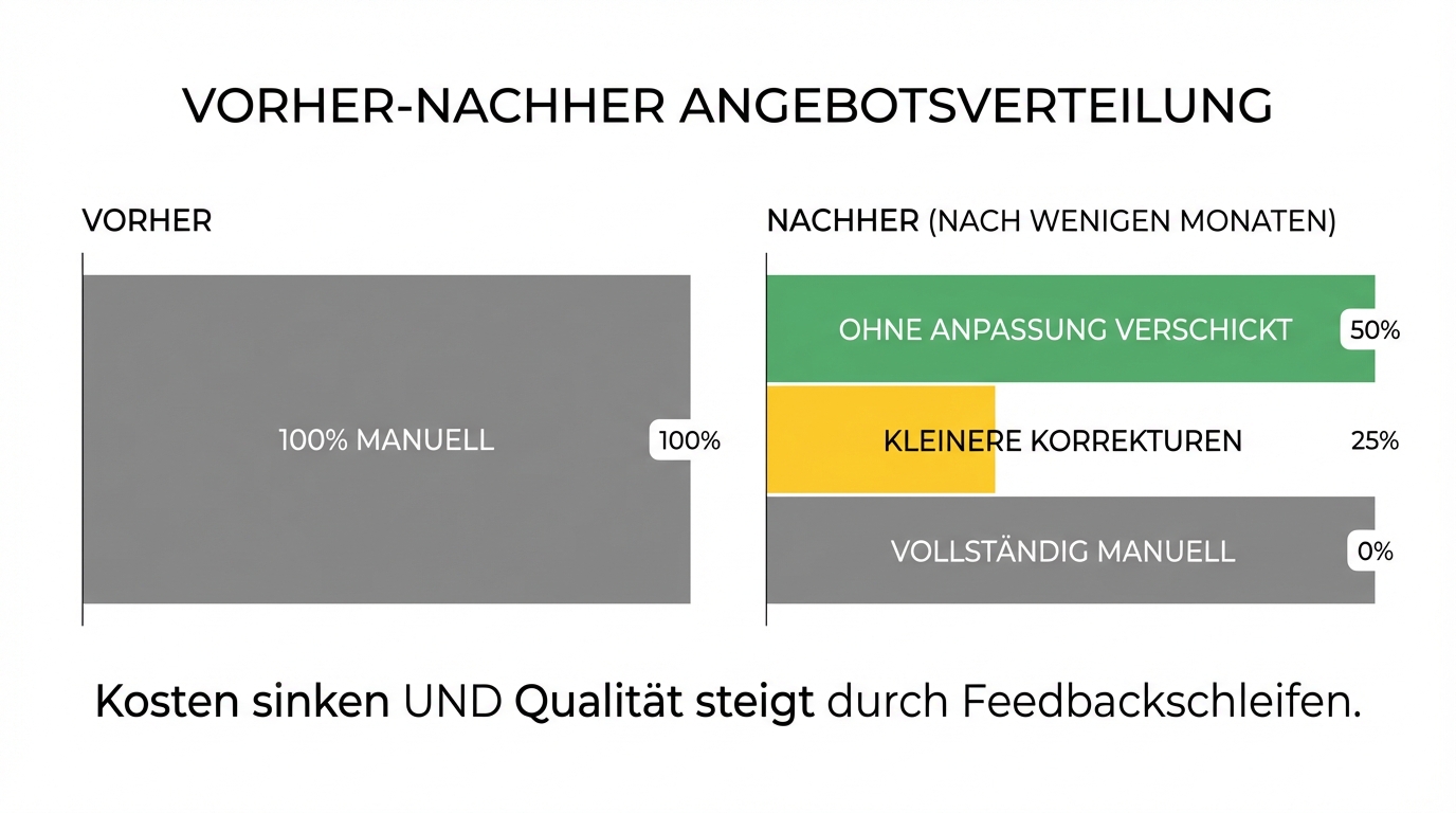 Vorher und Nachher: Über die Hälfte der Angebote ohne manuelle Anpassung, ein Viertel mit kleinen Korrekturen, nur ein Bruchteil vollständig manuell. Kosten sinken und Qualität steigt gleichzeitig.
