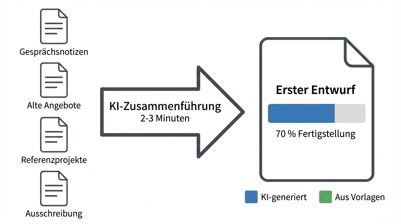 Vier Quellen (Gesprächsnotizen, Alte Angebote, Referenzprojekte, Ausschreibung) werden in 2-3 Minuten zu einem ersten Entwurf mit 70% Fertigstellung zusammengeführt