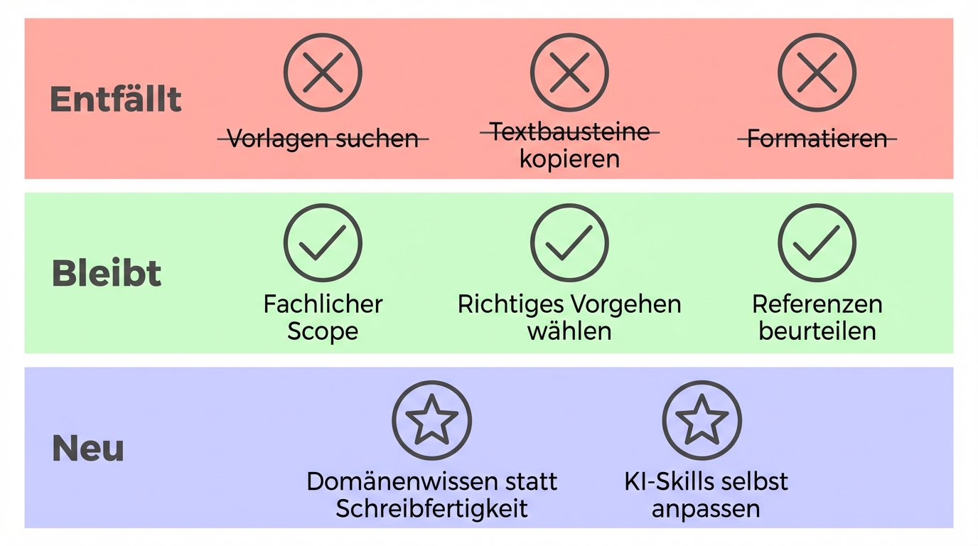 What goes away (searching templates, copying text blocks, formatting), what stays (professional scope, right approach, judging references), what's new (domain expertise, adapting AI skills yourself)