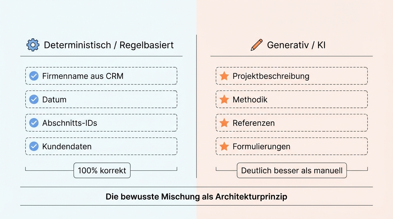 Deterministische vs. generative Felder: Firmenname, Datum, Kundendaten kommen regelbasiert aus dem CRM. Projektbeschreibung, Methodik, Referenzen werden von der KI aus Quellen generiert. Die richtige Mischung entscheidet.