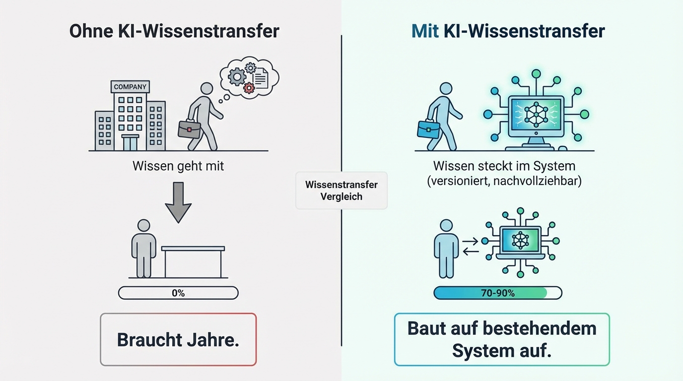 With vs. without AI-assisted knowledge transfer: Without AI, the successor starts from zero and needs years. With AI, they build on a system that already handles 70-90% of cases correctly.